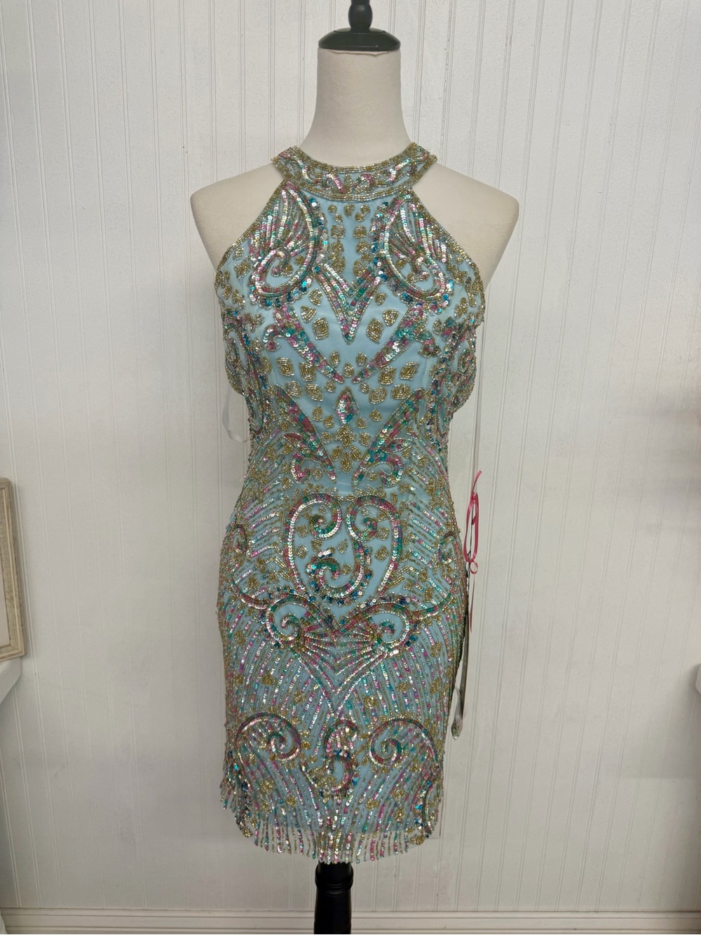 Primavera Couture Powder Blue Beaded Halter Mini Dress